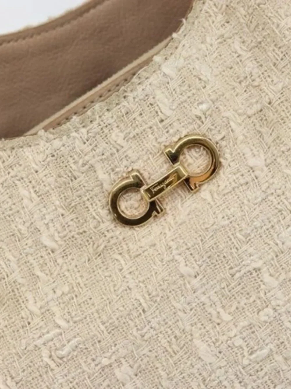 Salvatore Ferragamo Gancini Tote Bag Tweed Suede Beige Gold Auth 153464